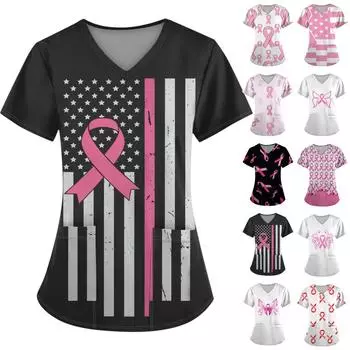 Женская модная рабочая одежда с v-образным вырезом и коротким рукавом с карманной футболкой с принтом. S