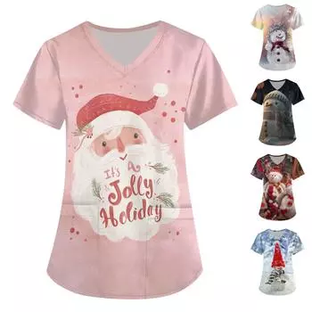 Женская модная рабочая одежда с v-образным вырезом, короткими рукавами и карманами, топы с рождественским принтом XXL красный