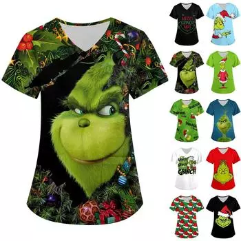 Женская модная рабочая одежда с v-образным вырезом, короткими рукавами и карманами, топы с рождественским принтом L