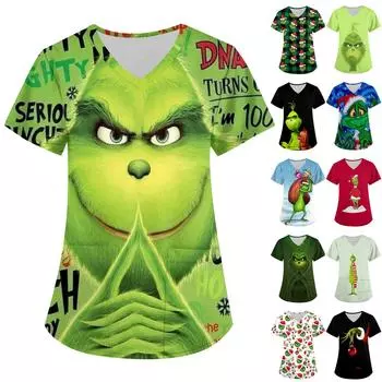 Женская модная рабочая одежда с v-образным вырезом, короткими рукавами и карманами, топы с рождественским принтом L армия зеленый