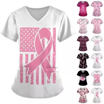 Женская модная рабочая одежда с v-образным вырезом и коротким рукавом с карманной футболкой с принтом. XXXXXL золотой