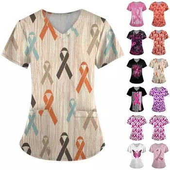 Женская модная рабочая одежда с v-образным вырезом и коротким рукавом с карманной футболкой с принтом. L розовый