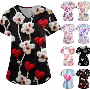 Женская модная рабочая одежда с V-образным вырезом, короткими рукавами и карманами, с принтом ко Дню святого Валентина L бежевый