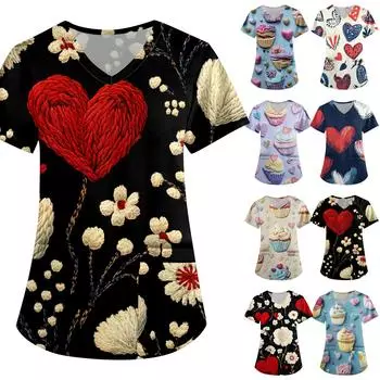 Женская модная рабочая одежда с V-образным вырезом, короткими рукавами и карманами, с принтом ко Дню святого Валентина L бежевый