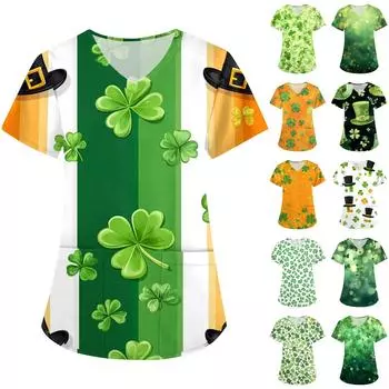 Женская модная рабочая одежда с V-образным вырезом, короткими рукавами и карманами. Верхняя одежда с принтом Патрика L армия зеленый