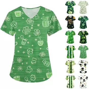 Женская модная рабочая одежда с V-образным вырезом, короткими рукавами и карманами. Верхняя одежда с принтом Патрика L армия зеленый