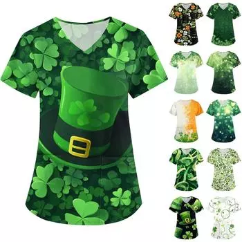 Женская модная рабочая одежда с V-образным вырезом, короткими рукавами и карманами. Верхняя одежда с принтом Патрика L армия зеленый