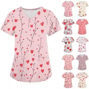 Женская модная рабочая одежда с V-образным вырезом и короткими рукавами, с карманами, с принтом ко Дню святого Валентина, верхняя одежда для ухода XXXXL