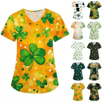 Женская модная рабочая одежда с V-образным вырезом, короткими рукавами и карманами. Верхняя одежда с принтом Патрика XXXL