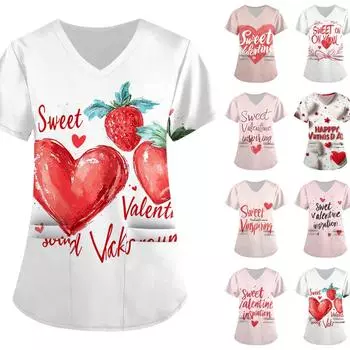 Женская модная рабочая одежда с V-образным вырезом, короткими рукавами и карманами, с принтом ко Дню святого Валентина XL