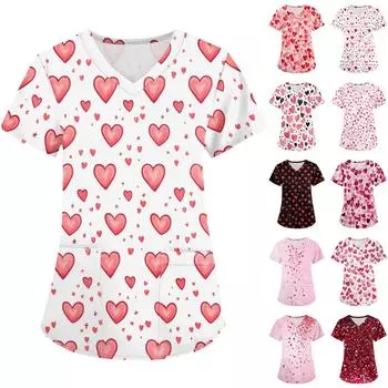 Женская модная рабочая одежда с V-образным вырезом и короткими рукавами, с карманами, с принтом ко Дню святого Валентина, верхняя одежда для ухода L чёрный