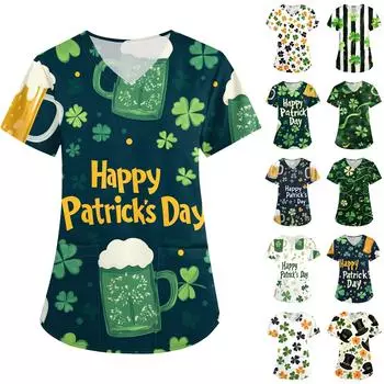 Женская модная рабочая одежда с V-образным вырезом, короткими рукавами и карманами. Верхняя одежда с принтом Патрика L армия зеленый