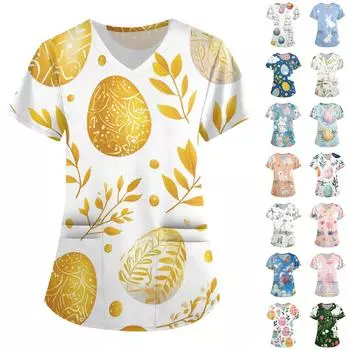 Женская модная рабочая одежда с V-образным вырезом и короткими рукавами, с карманами, с принтом в виде пасхального топа, одежда для ухода XXXXL