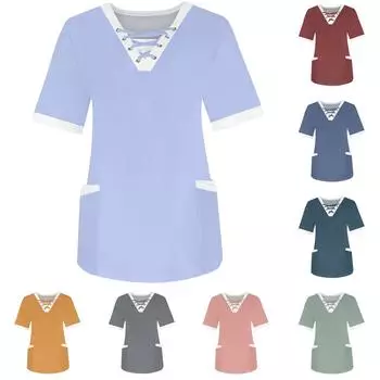 Женская модная рабочая одежда с v-образным вырезом и короткими рукавами, однотонные топы с завязками и карманами и защитная одежда S серый