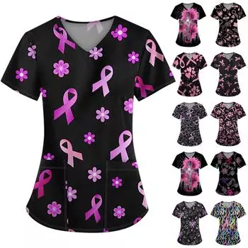 Женская модная рабочая одежда с v-образным вырезом и коротким рукавом с карманной футболкой с принтом. XXXL