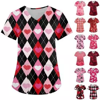 Женская модная рабочая одежда с v-образным вырезом, коротким рукавом и карманом с принтом ко Дню святого Валентина XL