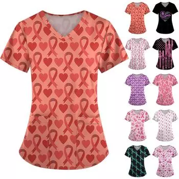 Женская модная рабочая одежда с v-образным вырезом и коротким рукавом с карманной футболкой с принтом. XL белый