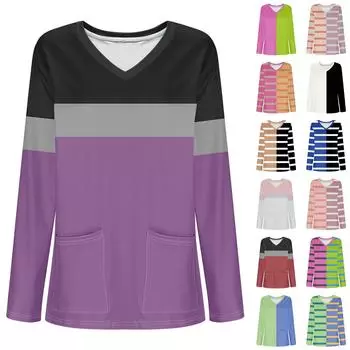 Женская модная рабочая одежда с V-образным вырезом и длинным рукавом, с карманом, полосатая футболка с принтом L бежевый