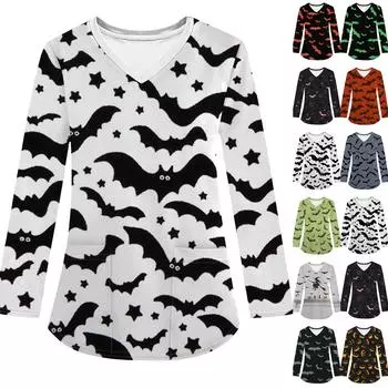 Женская модная рабочая одежда с V-образным вырезом и длинным рукавом, с карманом, футболка с принтом на Хэллоуин L чёрный