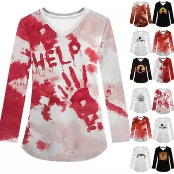 Женская модная рабочая одежда с V-образным вырезом и длинным рукавом, с карманом, футболка с принтом на Хэллоуин S