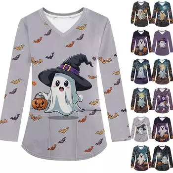 Женская модная рабочая одежда с V-образным вырезом и длинным рукавом, с карманом, футболка с принтом на Хэллоуин XL циан