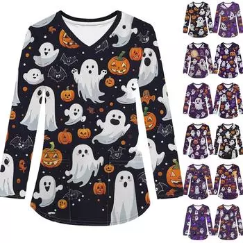 Женская модная рабочая одежда с V-образным вырезом и длинным рукавом, с карманом, футболка с принтом на Хэллоуин XXL