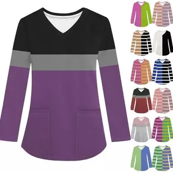 Женская модная рабочая одежда с V-образным вырезом и длинным рукавом, с карманом, полосатая футболка с принтом M
