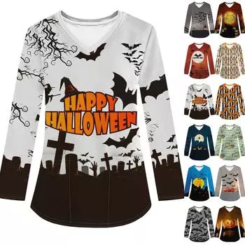 Женская модная рабочая одежда с V-образным вырезом и длинным рукавом, с карманом, футболка с принтом на Хэллоуин L