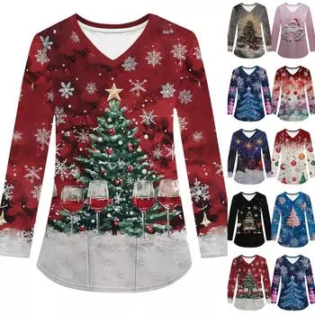 Женская модная рабочая одежда с V-образным вырезом, длинным рукавом и карманом, рождественский принт, футболка, топ S чёрный