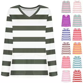 Женская модная рабочая одежда с V-образным вырезом и длинным рукавом, с карманом, полосатая футболка с принтом L чёрный