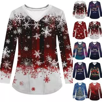 Женская модная рабочая одежда с V-образным вырезом, длинным рукавом и карманом, рождественский принт, футболка, топ M киноварь