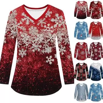 Женская модная рабочая одежда с V-образным вырезом, длинным рукавом и карманом, рождественский принт, футболка, топ L винный