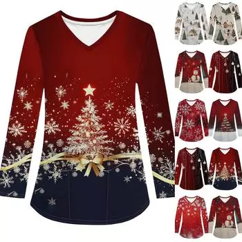 Женская модная рабочая одежда с V-образным вырезом, длинным рукавом и карманом, рождественский принт, футболка, топ M