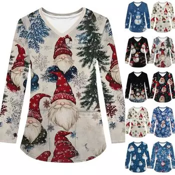 Женская модная рабочая одежда с V-образным вырезом, длинным рукавом и карманом, рождественский принт, футболка, топ S бежевый