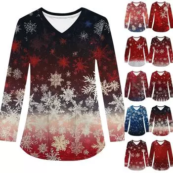 Женская модная рабочая одежда с V-образным вырезом, длинным рукавом и карманом, рождественский принт, футболка, топ XXL синий