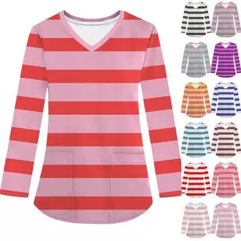 Женская модная рабочая одежда с V-образным вырезом и длинным рукавом, с карманом, полосатая футболка с принтом XL