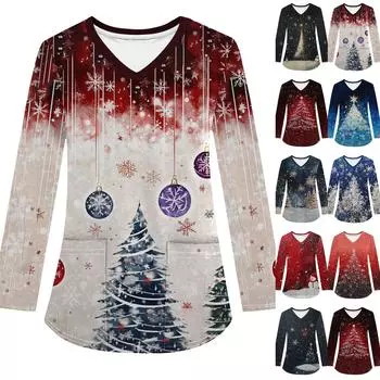 Женская модная рабочая одежда с V-образным вырезом, длинным рукавом и карманом, рождественский принт, футболка, топ XL