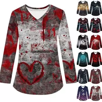 Женская модная рабочая одежда с V-образным вырезом и длинным рукавом, с карманом, футболка с принтом на Хэллоуин XL