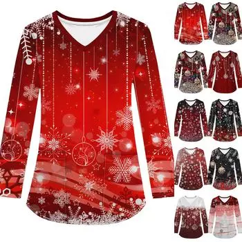 Женская модная рабочая одежда с V-образным вырезом, длинным рукавом и карманом, рождественский принт, футболка, топ S розовый