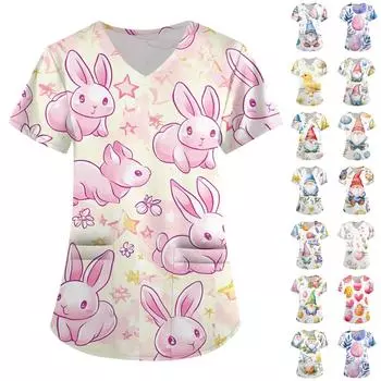 Женская модная рабочая одежда с V-образным вырезом и короткими рукавами, с карманами, с принтом в виде пасхального топа, одежда для ухода S синий