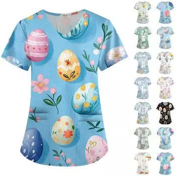 Женская модная рабочая одежда с V-образным вырезом и короткими рукавами, с карманами, с принтом в виде пасхального топа, одежда для ухода L армия зеленый