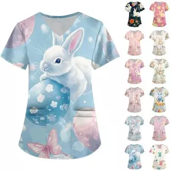 Женская модная рабочая одежда с V-образным вырезом и короткими рукавами, с карманами, с принтом в виде пасхального топа, одежда для ухода M розовый