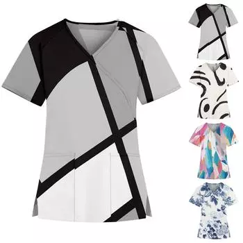 Женская модная рабочая одежда с v-образным вырезом и принтом, короткими рукавами и карманами, топы XXXXL