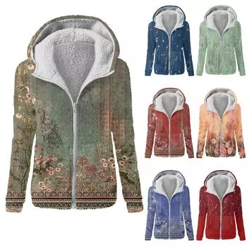 Женская модная ретро-куртка с цветочным принтом и капюшоном из плюша на молнии L синий