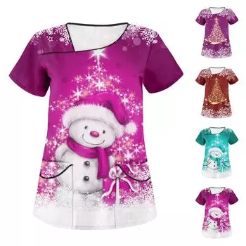 Женская модная рождественская футболка с принтом и двойным карманом, топ с короткими рукавами M