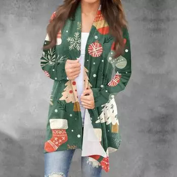 Женская модная рождественская куртка с принтом, повседневный кардиган с длинным рукавом, пальто L армия зеленый