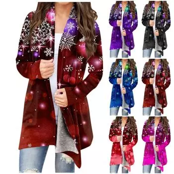 Женская модная рождественская куртка с принтом, повседневный кардиган с длинным рукавом, пальто L чёрный