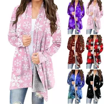 Женская модная рождественская куртка с принтом, повседневный кардиган с длинным рукавом, пальто L чёрный