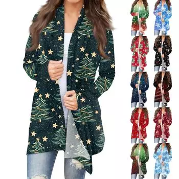 Женская модная рождественская куртка с принтом, повседневный кардиган с длинным рукавом, пальто XXL синий
