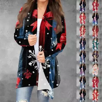 Женская модная рождественская куртка с принтом, повседневный кардиган с длинным рукавом, пальто XXXXL чёрный